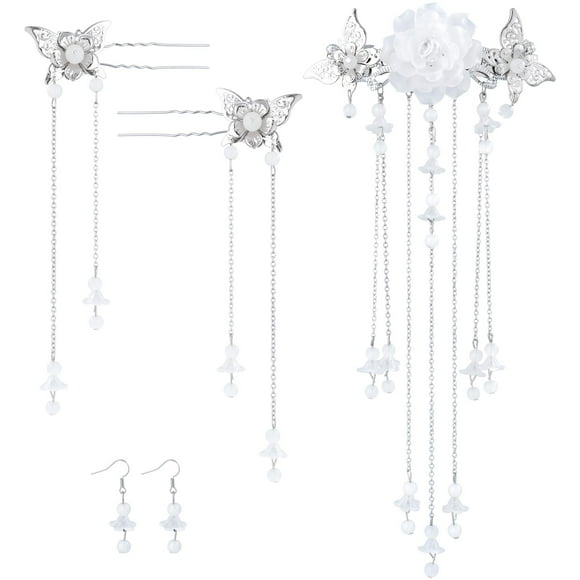 Joez Wonderful Juego de 5 horquillas chinas para el pelo, mariposas, pasadores para el pelo con borla larga, flores para el pelo Hanfu, accesorios de peinado con perlas, juego de pendientes para mujer