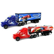Pack of 2 Happy Sport Racing Transporter Friction Toy Trailer Trucks (Colors May Vary)