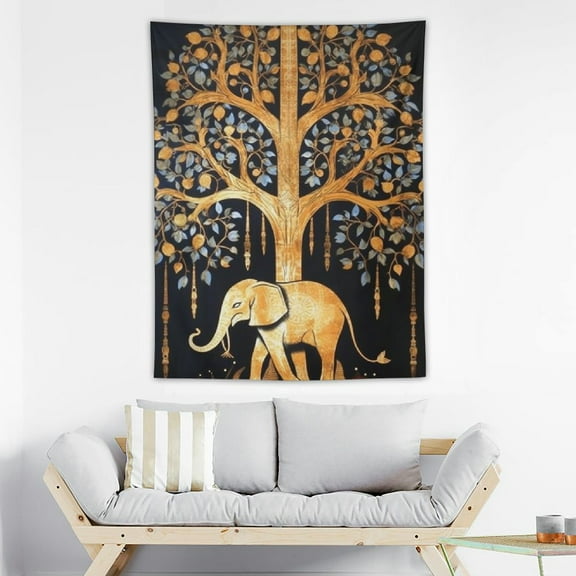 JRXY Tapestry Wall Hanging Elephant Tree of Life Hippie Mandala Bohemian Hippy Intricate Indian Tapestries Bedspread Gold & Black 30x40in
