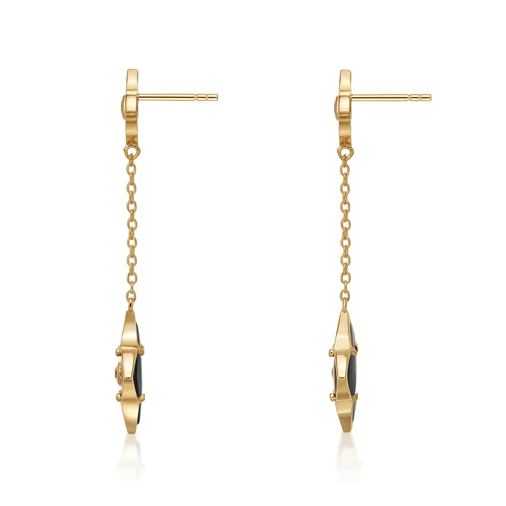 Black Onyx Flower Dangle Drop Earrings for Women in 925 Sterling Silver with Yellow Gold Plating Friction Back by Lavari Jewelers