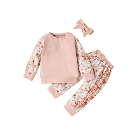 

IZhansean 3PCS Baby Girls Clothes Floral Ruffle Long Sleeve Tops+Pants Headband Infant Autumn Spring Outfits Pink 18-24 Months