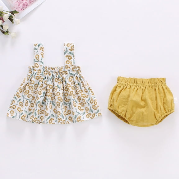 TOOYOU Toddler Girls Outfits Summer Sleeveless Flower Cherry Lemon Prints Tops Shorts Two Piece Outfits Set For Kids Sweet Girl'S Clothing Set Beige Size 3-6 Months