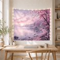 thumbnail image 5 of Cherry Blossom Tree Over Coastal Cottage at Twilight, Dreamy Japanese Inspired for Nature Lovers, Floral Landscape Art, Housewarming Gift, Tapestry Wall Hanging for Bedroom and Living Room, 5 of 7