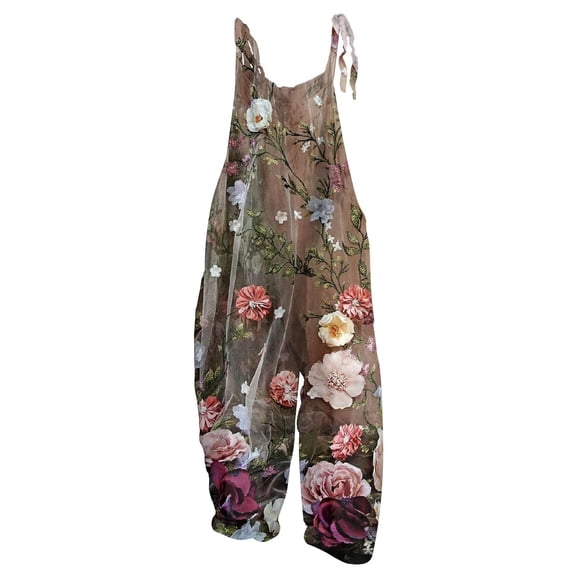 Unir Vintage Floral Sleeveless Jumpsuit, Wide Leg Strappy Boho Romper for Women