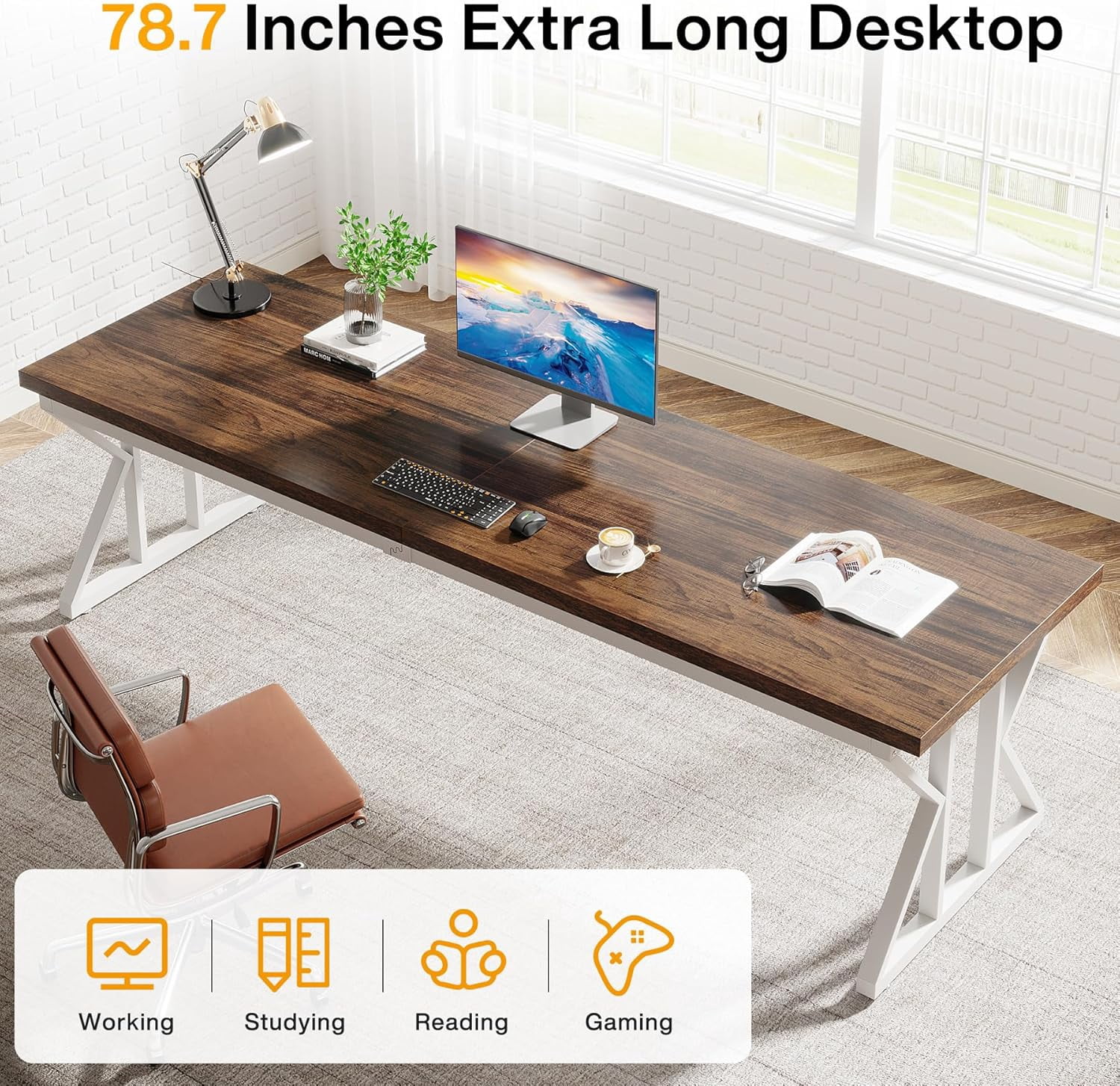 Tribesigns 78.7 Inches Long Computer Desk, Two Person Desk Large Executive Office Desk, Double Desk Study Writing Table for Home Office (Brown)