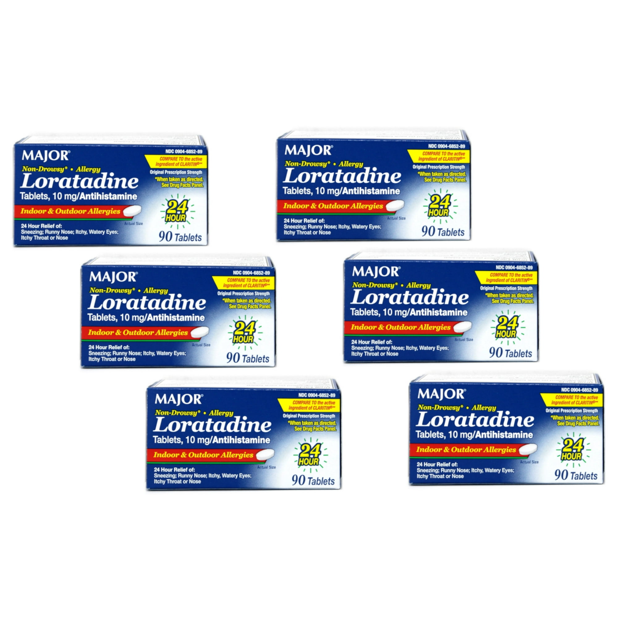Major Non-Drowsy Allergy Loratadine 10mg Antihistamine, 90 Tablets - Pack of 6