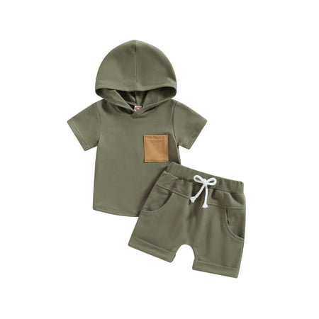 

Mubineo Baby Boys Shorts Set Short Sleeve Hooded T-shirt with Elastic Waist Shorts Summer Outfit