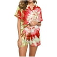 thumbnail image 2 of Aobny Comfort Women's Pajamas Summer Cooling Red Sleepwear Sets Short Short Sleeve Collared Tie-Dye Pants for Junior, 2 of 5