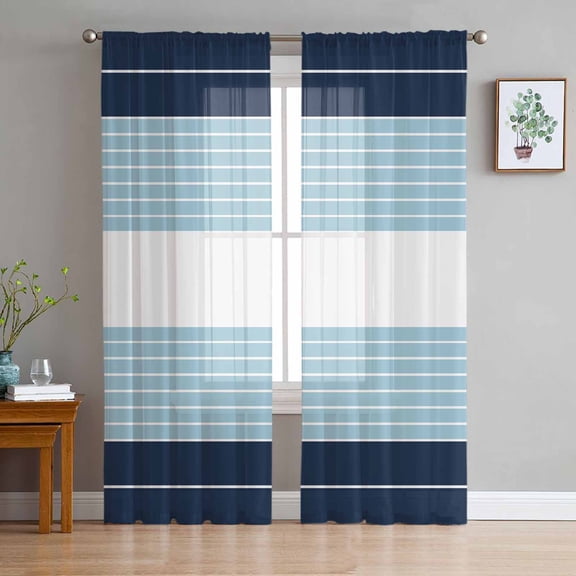 ERUNPONLY Navy Blue Aqua Stripe Sheer Curtains 84 Inch Length 2 Panels Set, Modern Art Horizontal Striped Voile Window Treatment Curtains Sheers Drapes for Bedroom/Living Room/Kitchen 52"x84"x2