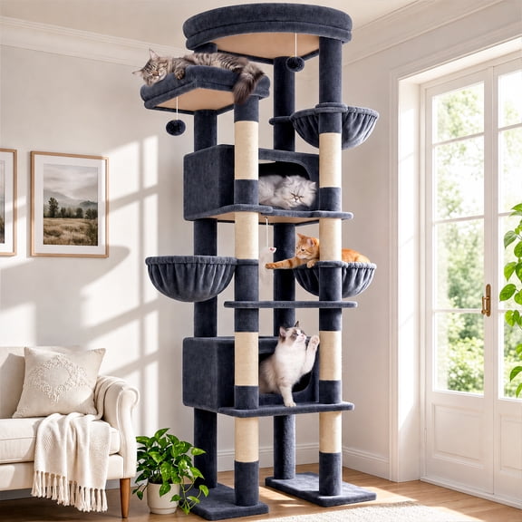 Globlazer 84" Multilevel Large Cat Tree Tower for Indoor Cats with 2 Condos, 3 Hanging Baskets & 8 Scratching Posts, Dark Gray