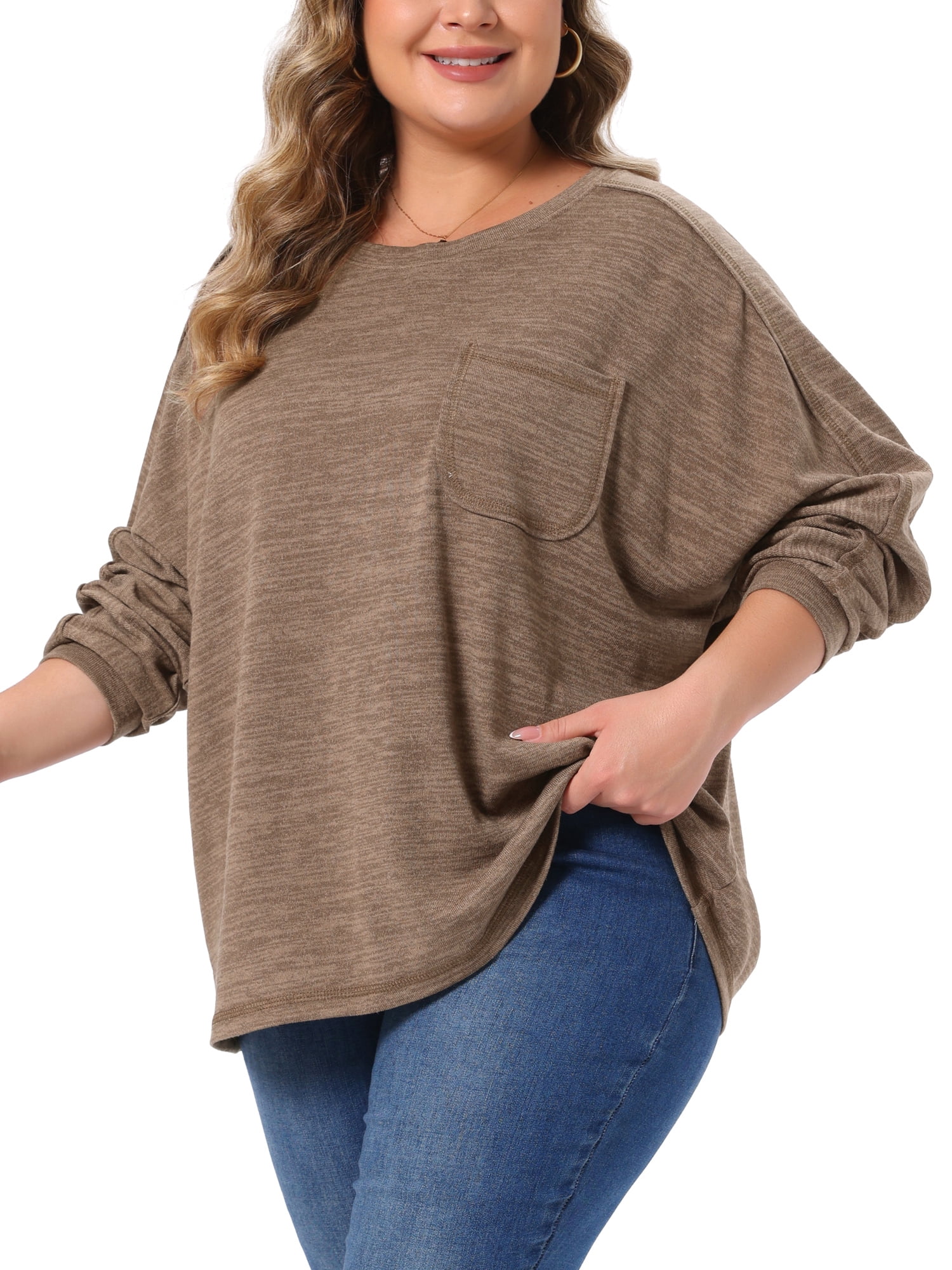 DARING DIVA Women's Plus Long Sleeve Crewneck Pullover Casual Blouses 2X Light Brown