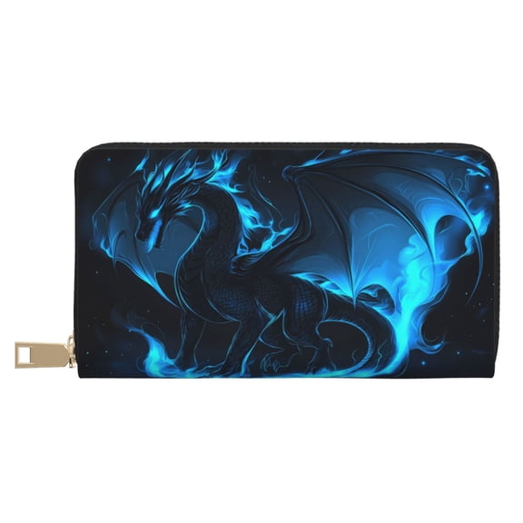 Leather Thin Slim Wallets for Women Men - Mystical Blue Dragon Glow Clutch Card Wallet for Women Men with Zipper