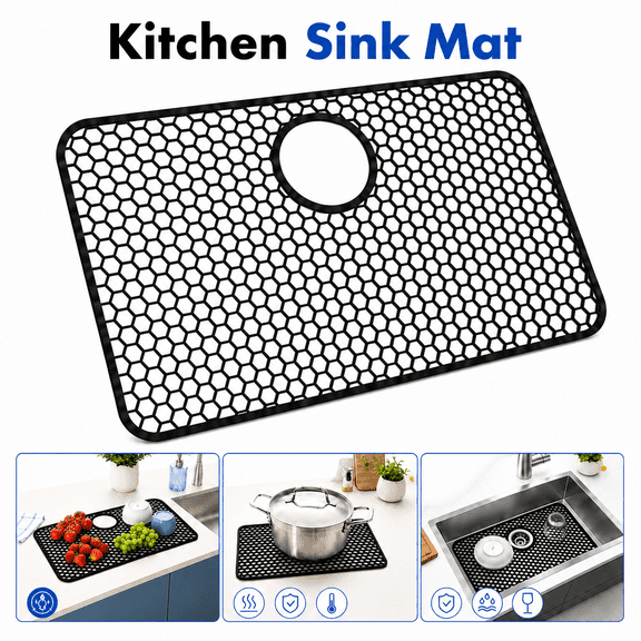 VALUNE Rear Hole, Black Silicone Sink Protectors for Kitchen Sink with Rear Drain - 26"x 14" Kitchen Protector Accessory, Non-Slip Heat Resistant Grid Mat for Bottom of Farmhous Stainless Steel