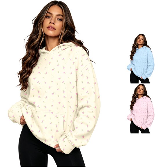 RUTAYY Women's Floral Print Hoodie Drawstring Long Sleeve Pocket Lightweight Casual Pullover Tops Yellow