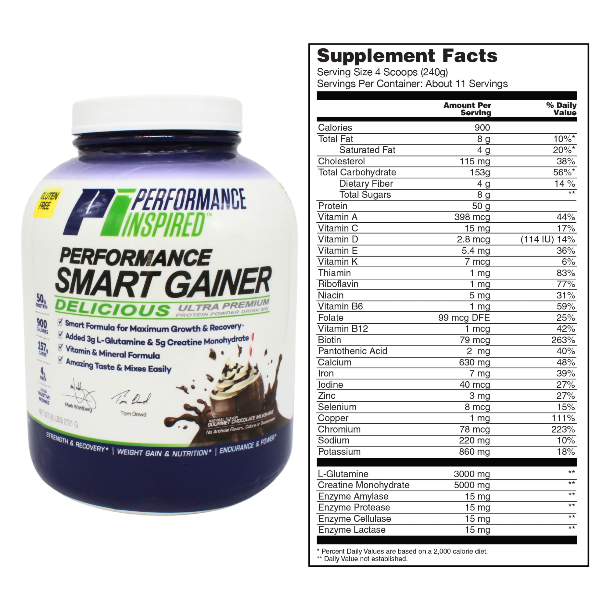 Performance Inspired Nutrition - Smart Mass Gainer Powder - Recover & Rebuild Muscles - L-Glutamine – 50G Protein - Creatine - Digestive Enzymes - Chocolate Milkshake - 6 lbs