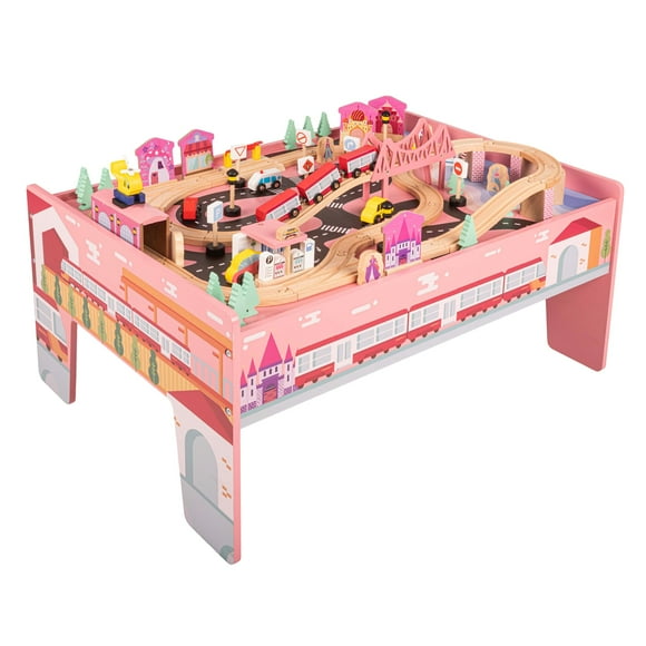 Wooden Train Set - 75-Piece Play Set with Tracks, Vehicles, Buildings, Characters, Illustrated Playing Surface, and Activity Table by Hey Play (Pink) Pink