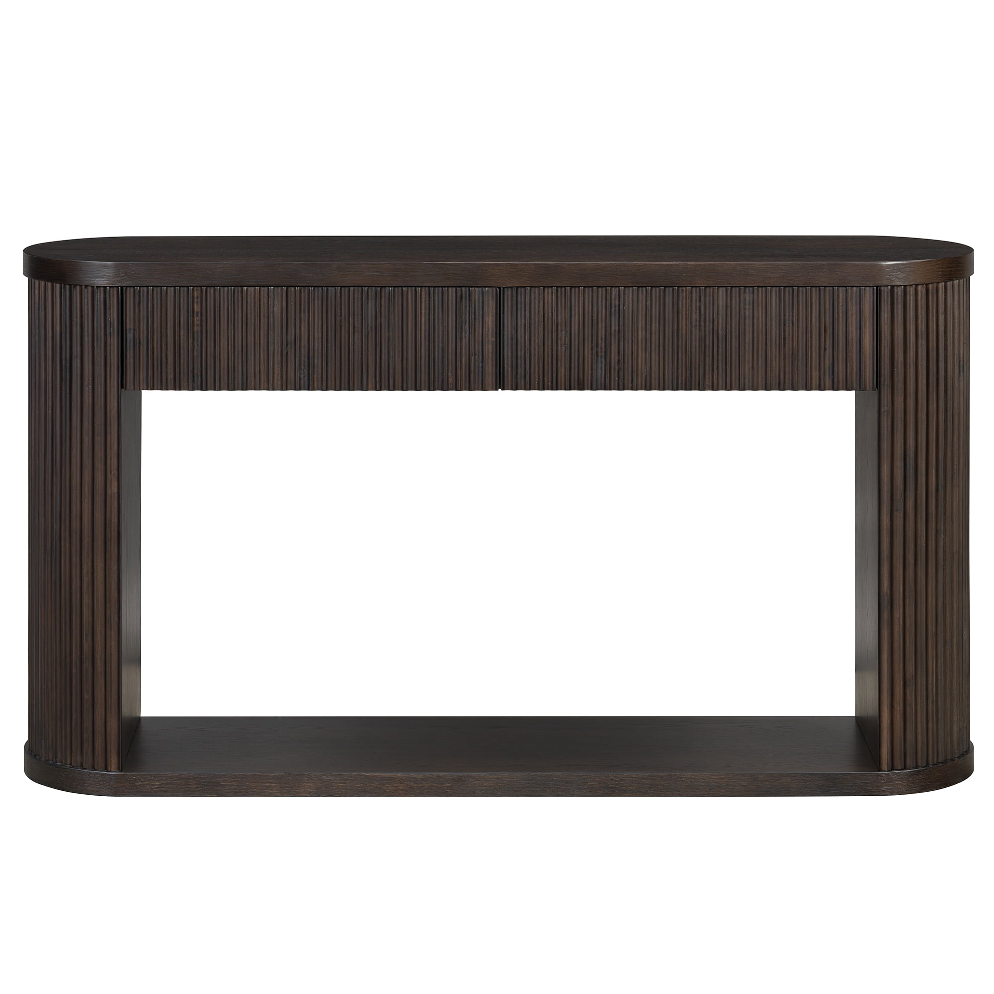 Oval Fluted Console Table with 2 Drawers and Bottom Shelf, Wood Entryway Table with Smooth Metal Slides for Living Room, Entryway