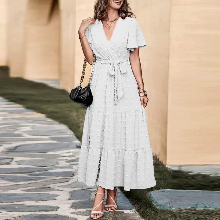 Simple Wedding Dress, Polka Dot Smocked Casual V Neck Tunic Pleated Short  Sleeve Beach Vacation Long Dress For Women Casual Fall Dresses Woman Summer Clothes  Dresses Tennis (M, White) ZMTing - Walmart.com