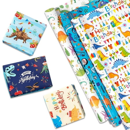 Dinosaur Wrapping Paper, Birthday Wrapping Paper, Gift Wrap Paper for Birthday, Baby Shower, Party, 3 Rolls 17” X 118”