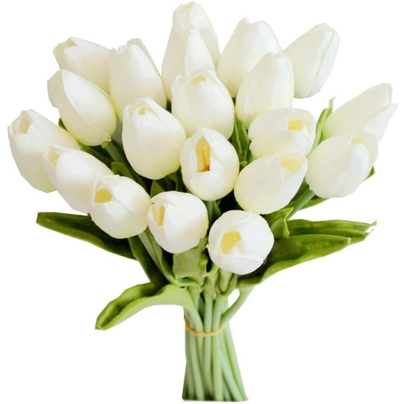 Artificial Tulips 20 Stems White PU Faux Flowers for Valentine's Day and Easter tions Wedding Home Decor 13.5 Inch