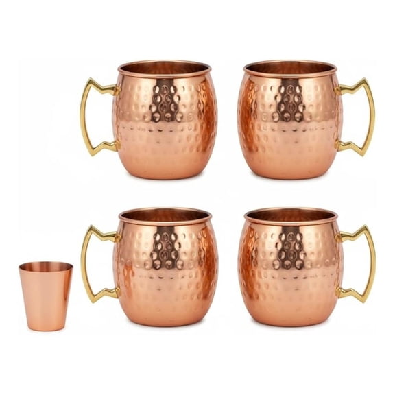 00187 - Moscow Mule Copper Mugs Set of 4-16oz Hammered Pure Copper Cups with Handle