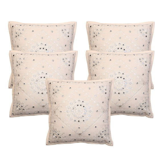 Stylo Culture Ethnic Chair Seat Throw Pillow Covers 16x16 Hand Embroidered Off White Boho 40x40 cm Home Decor Cotton Mirrored Square Cushion Covers | Set Of 5