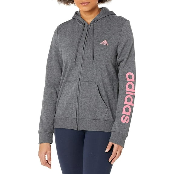 adidas Women's Essentials Logo Full-Zip Hoodie, Dark Grey Heather/Rose Tone, Small