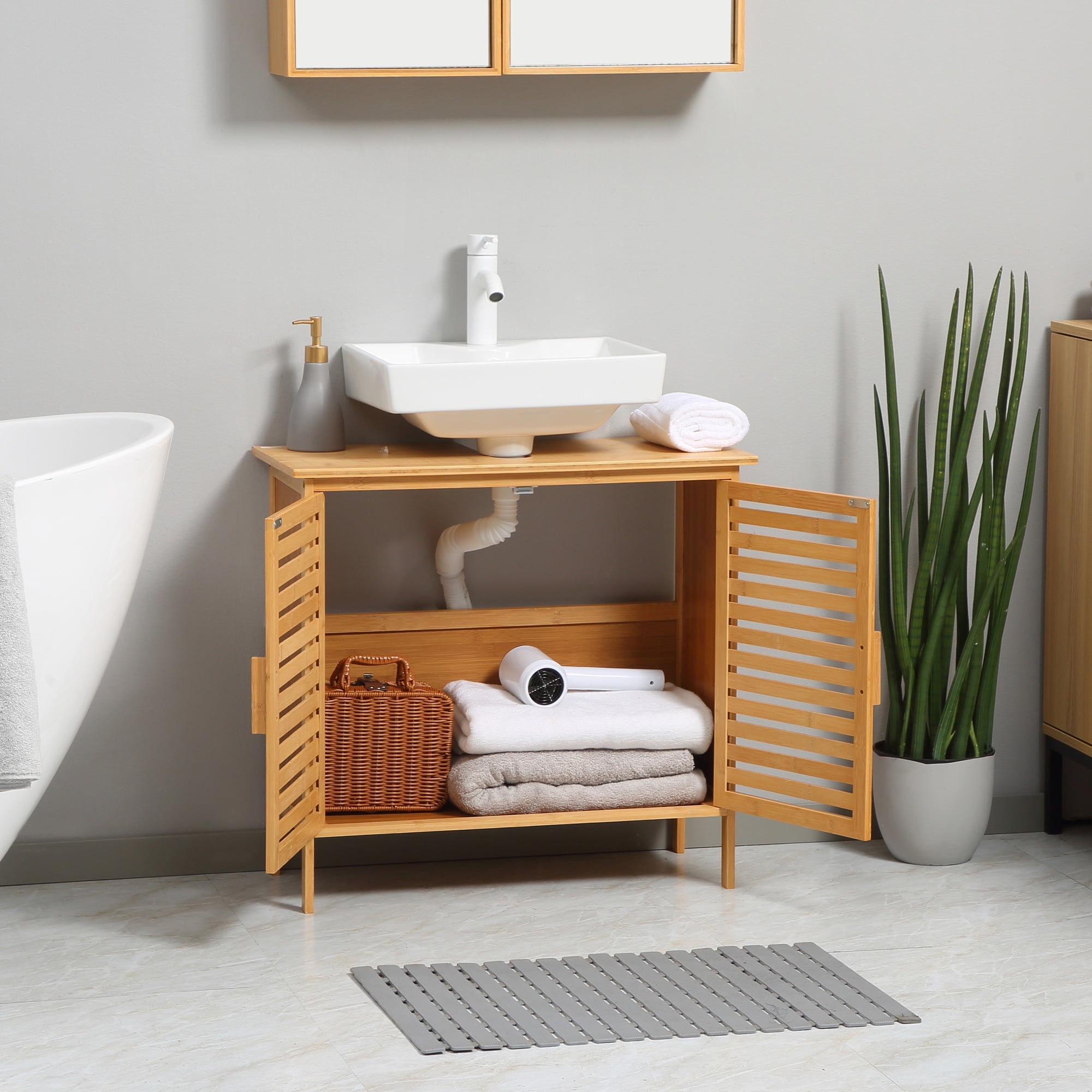 kleankin Bamboo Under Sink Cabinet Bathroom Organizer
