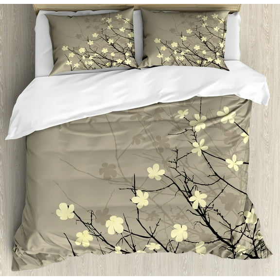 Japanese Duvet Cover Set, Retro Flourishing Twiggy Eastern Blossoms Botanical Metaphoric Concept, Decorative 3 Piece Bedding Set with 2 Pillow Shams, Calking Size, Beige Brown, by Ambesonne