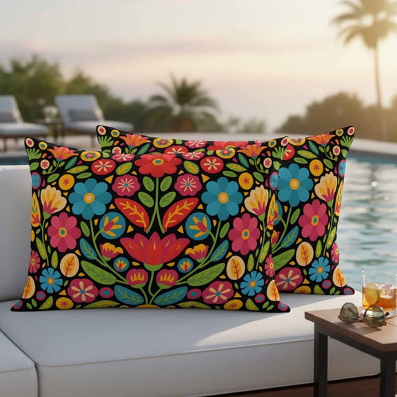 Boho Flower Outdoor Pillow Covers 20x12 Inch Lumbar Pillow Covers Set of 2 Waterproof Decorative Throw Pillow Cases Red Blue Yellow Colorful Mexico Tribal Cushion Covers for Patio Furniture Garden