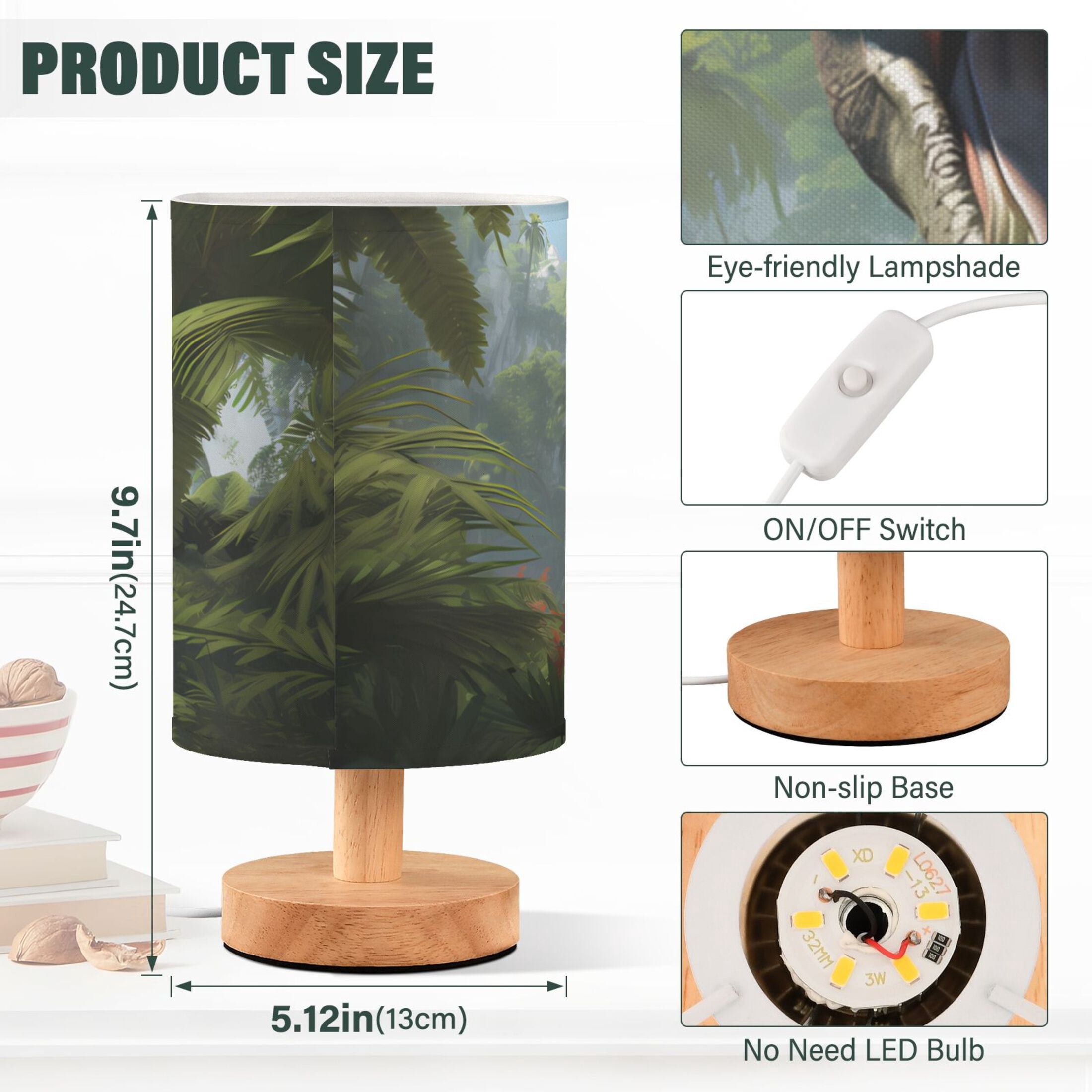 Dinosaur Trees Forest Sky Leaves Table Lamp USB Bedside Desk Nightstand Lamp Printed Gifts Small Lamp Wood Base for Bedroom Living Room Kids Room College Dorm