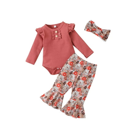 

Infant Baby Girls Clothes Set Ruffle Trim Long Sleeve Buttons Round Neck Romper Flower Printed Flared Pant with Headband