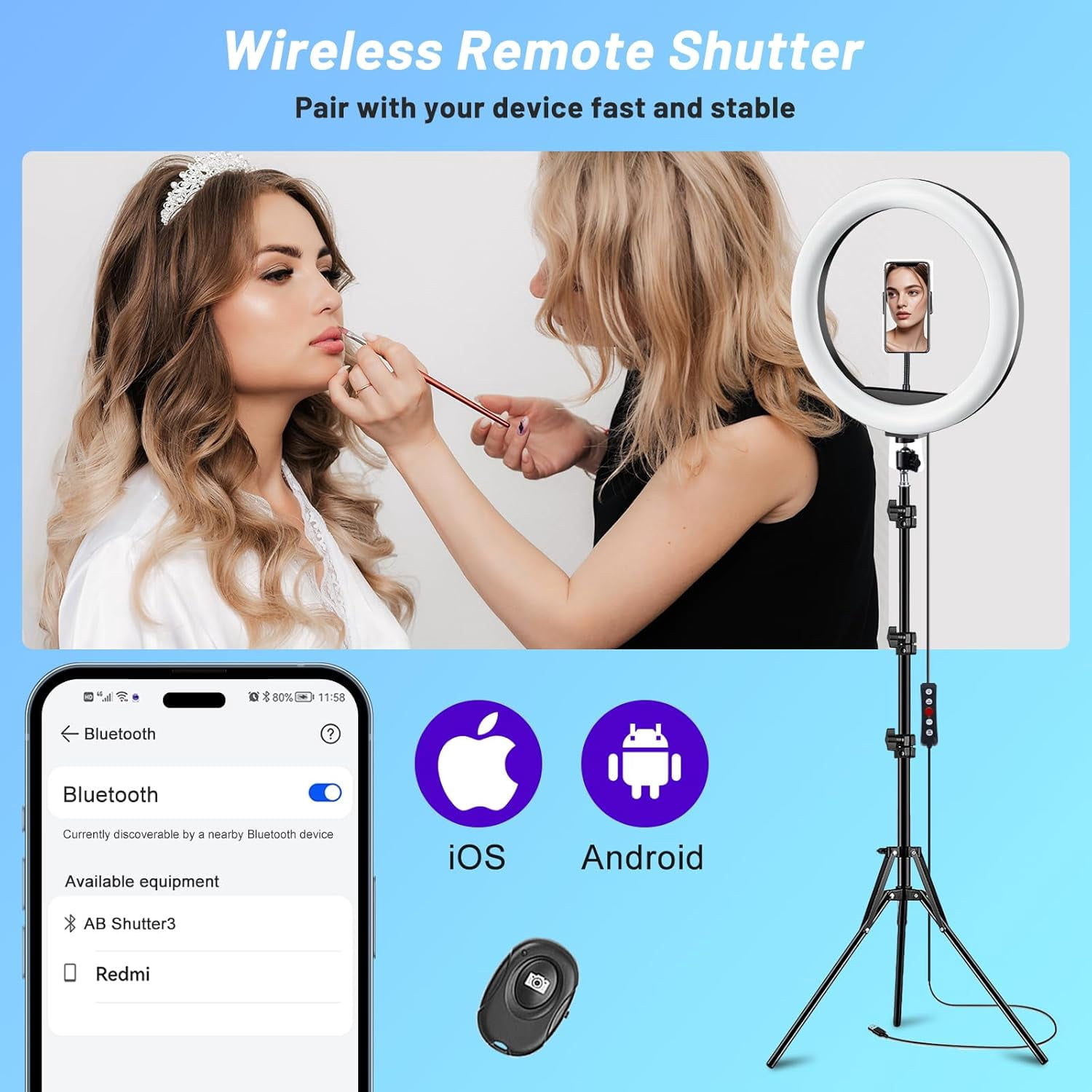 13" Selfie Ring Light with 63" Stand and 3 Phone Holder, 53 Lighting Modes, iPad Holder, Remote, Desk Tripod, RGB Ringlight for iPhone. Vlogging Circle Led Halo Light Photo Video Kit