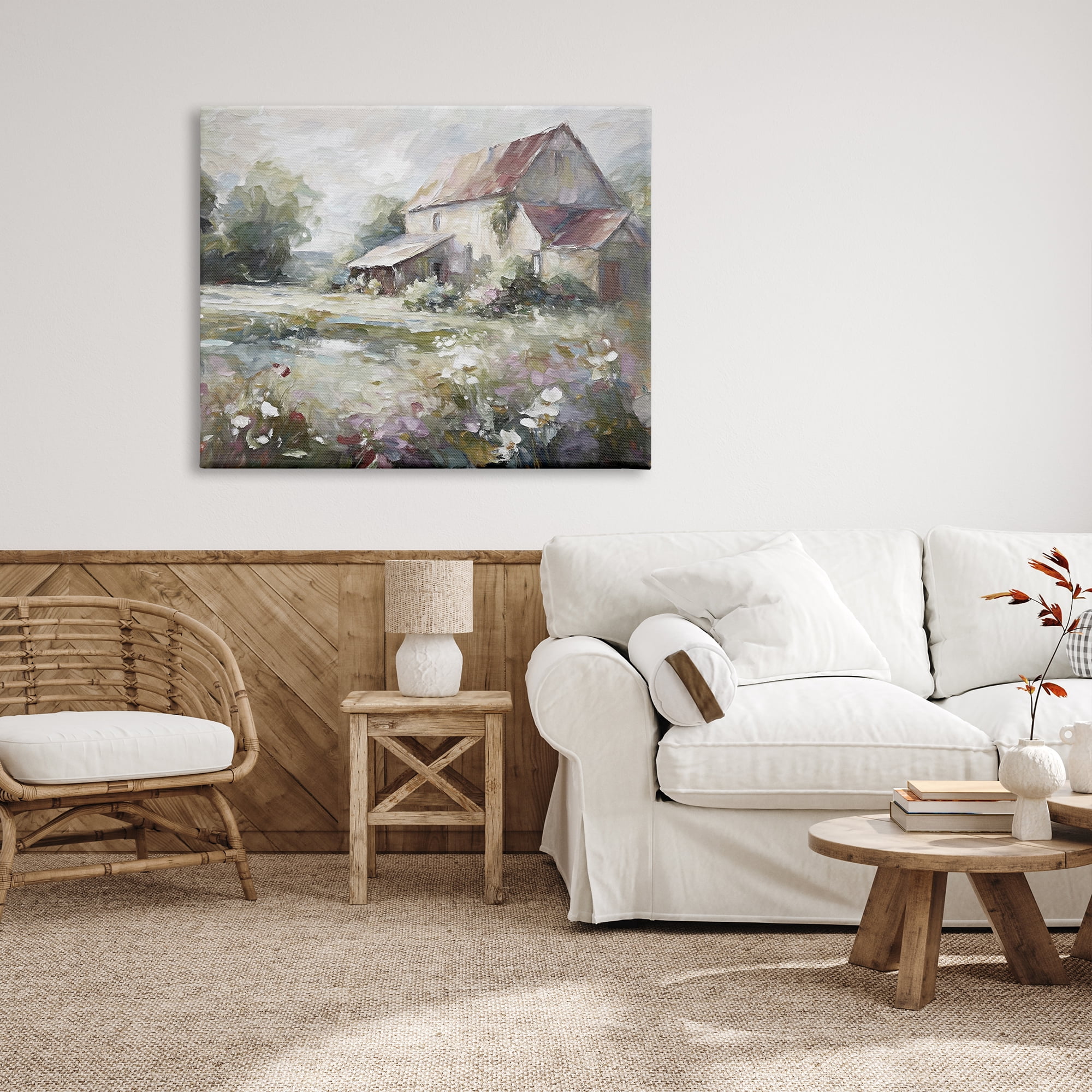 Stupell Industries Muted Cottage Meadow Landscape Painting Gallery Wrapped Canvas Art Print Wall Art, 48 x 36