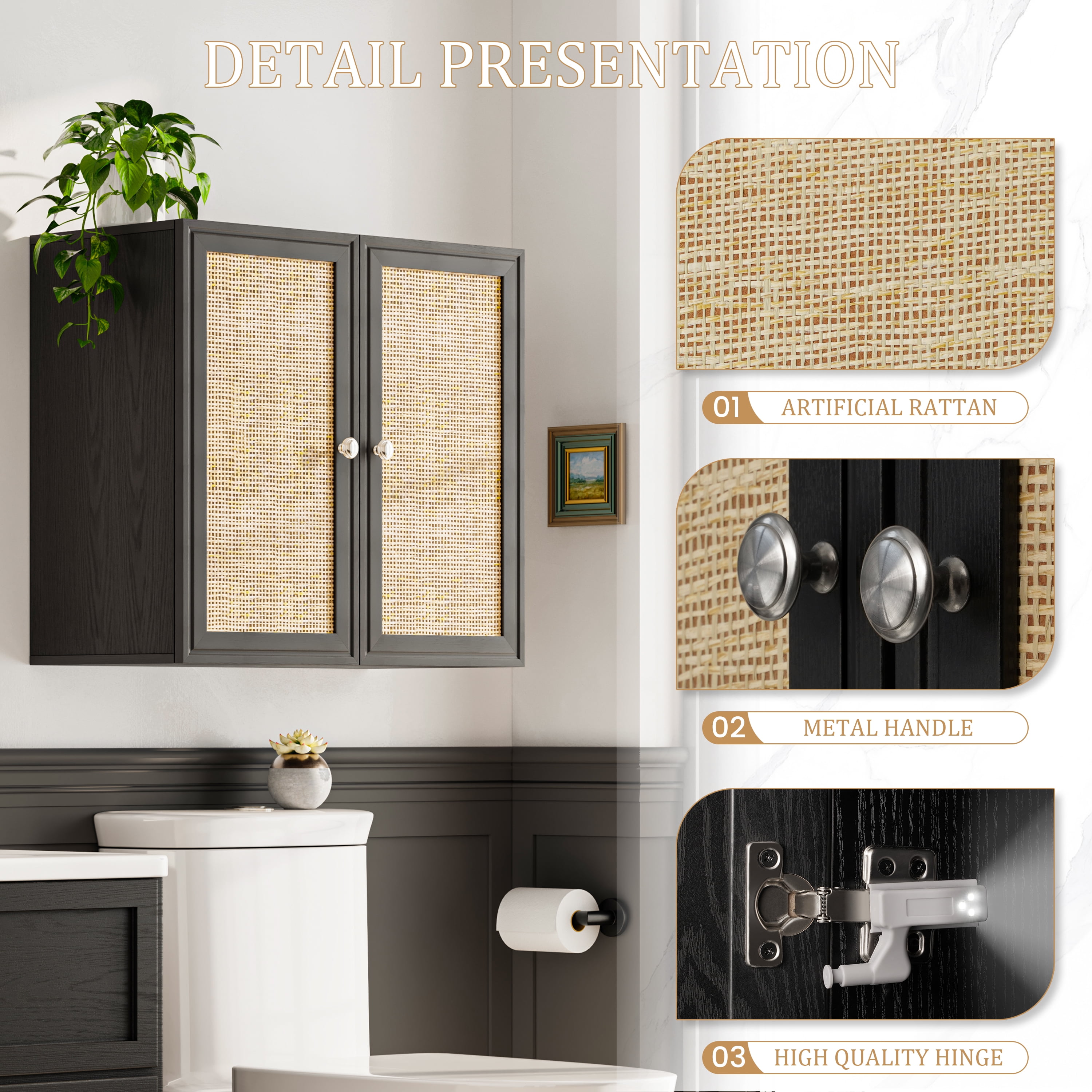 POLIHOME Wall Cabinet Storage-Rattan Laundry Cabinet,Wall Mounted Cabinet with Adjustable Shelves, 24INCH X 2PCS，Black