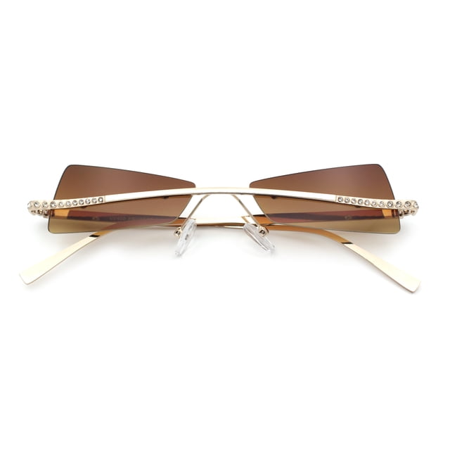 Womens Avant Garde Jewel Rhinestone Cross Bar Metal Rimless Rectangle Sunglasses Gold - Brown