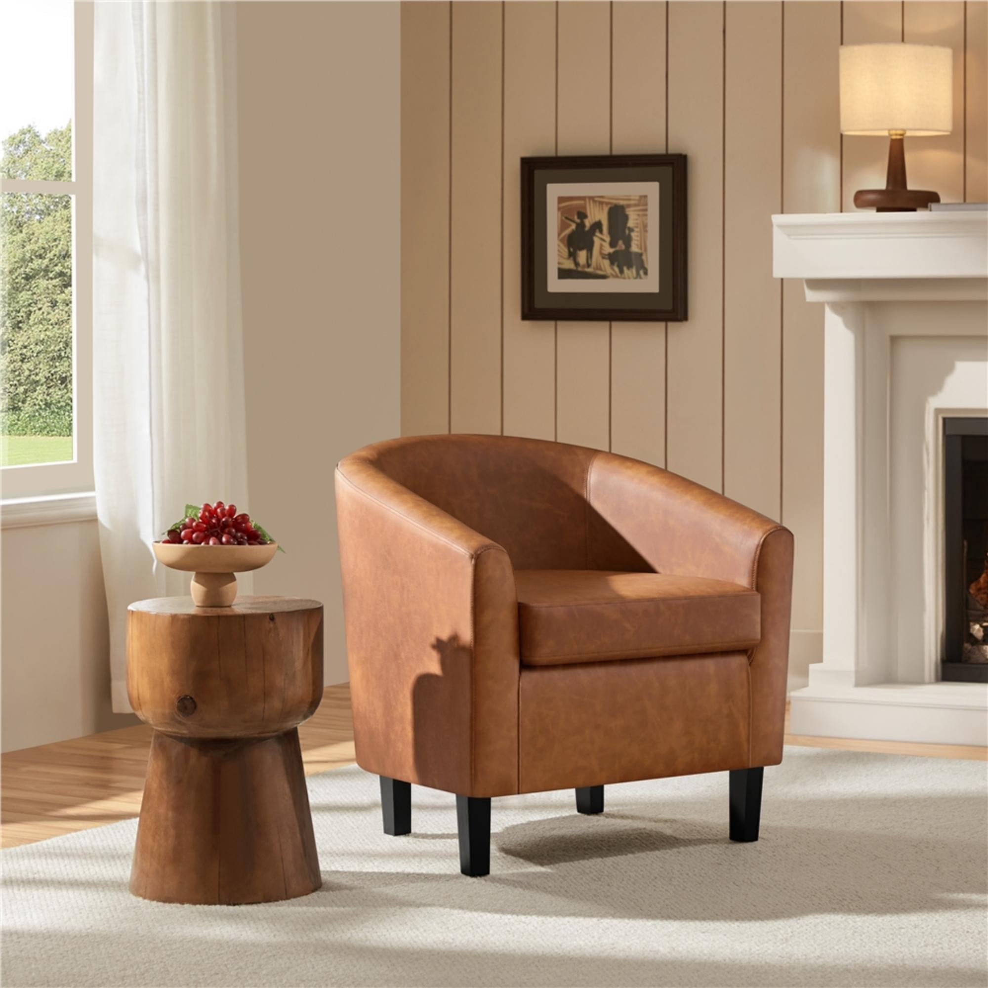 Renwick Faux Leather Barrel Accent Chair for Livingroom, Brown