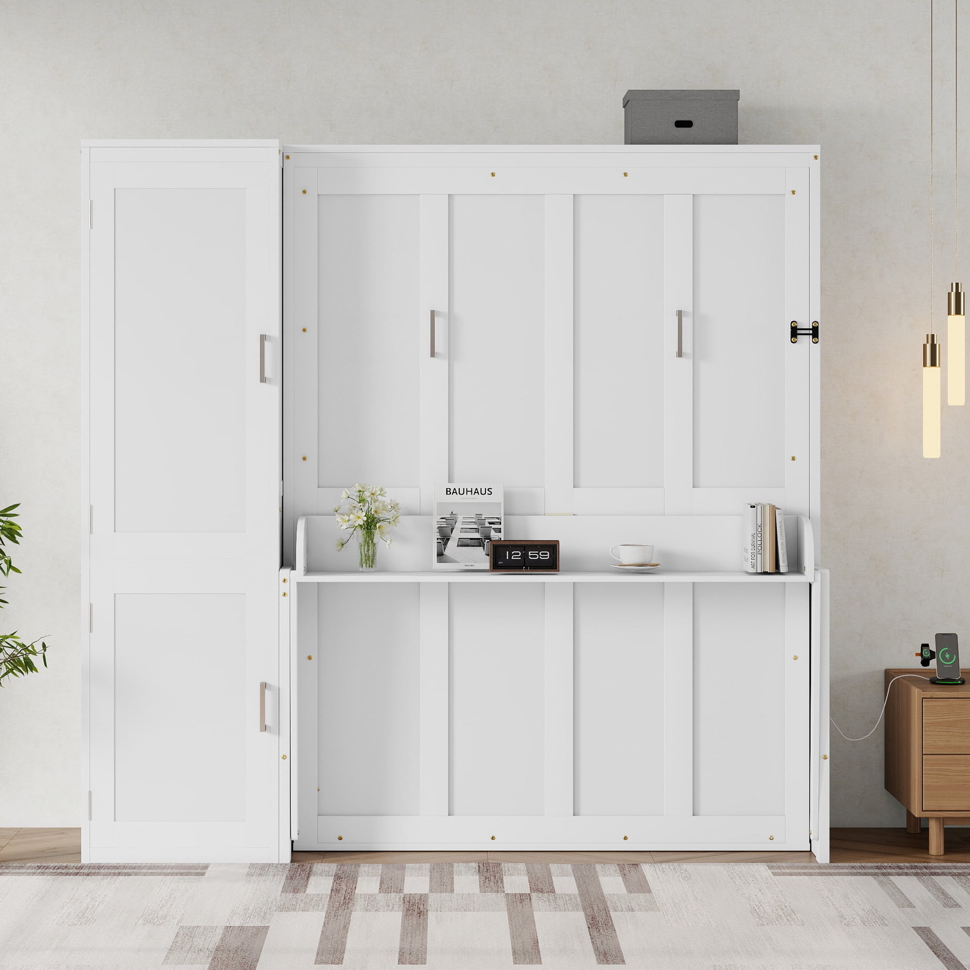 Alvantor Queen Murphy Bed with Wardrobe, Wall Bed Cabinet with Desk and Charging Station, White 86.1"H