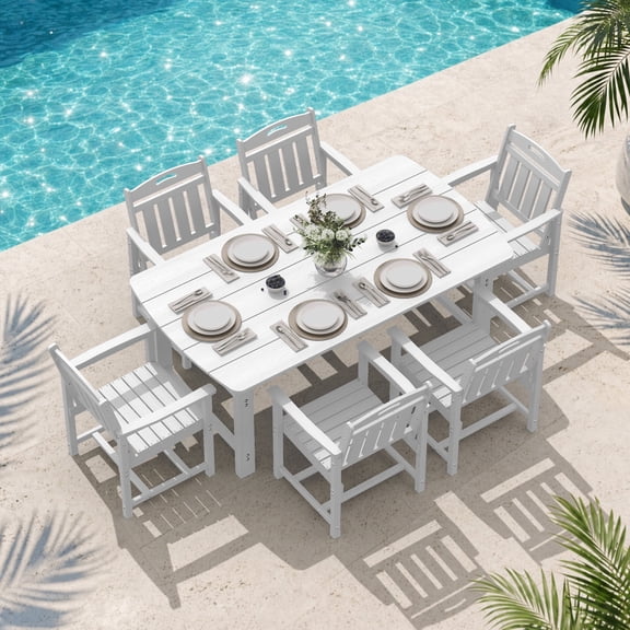 MUCHENGHY 7PC HDPE Outdoor Dining Set w/ 6 Chairs, All-Weather, Large Family Patio Furniture, White