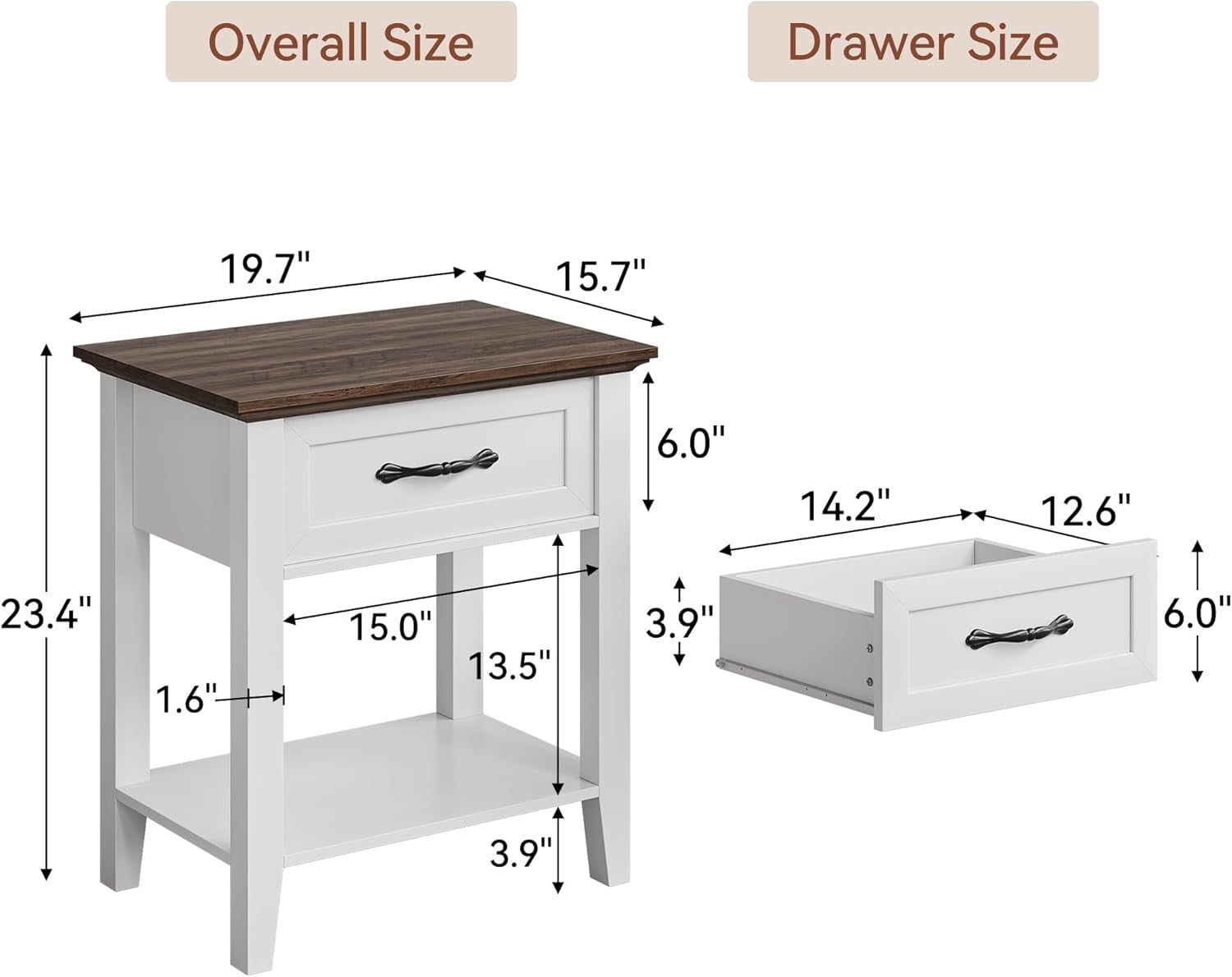Homhougo Nightstand Set of 2 with Drawer & 2 Tiers Storage Shelves, End Table with Handle for Bedroom, Living Room, Easy Assembly