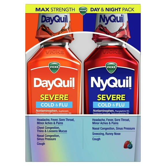 Vicks DayQuil and NyQuil Severe Cold and Flu Liquid Medicine, Over-the-Counter Medicine, 2x12 Oz