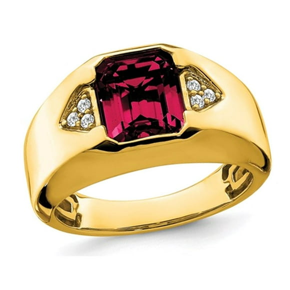 Mens 3.75 Carat (ctw) Lab Created Emerald-Cut Ruby Ring in 14K Yellow Gold with Diamonds