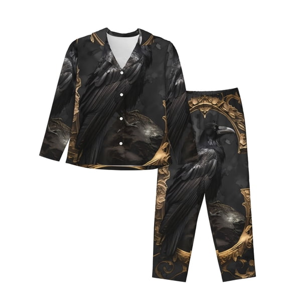 Balery Gothic Raven Portrait Conjunto de Pijama con Estampado para Mujer, Conjunto de Dos Piezas con Manga Larga, Ropa de Dormir Suave con Bolsillos, Pijamas Cómodos-Large