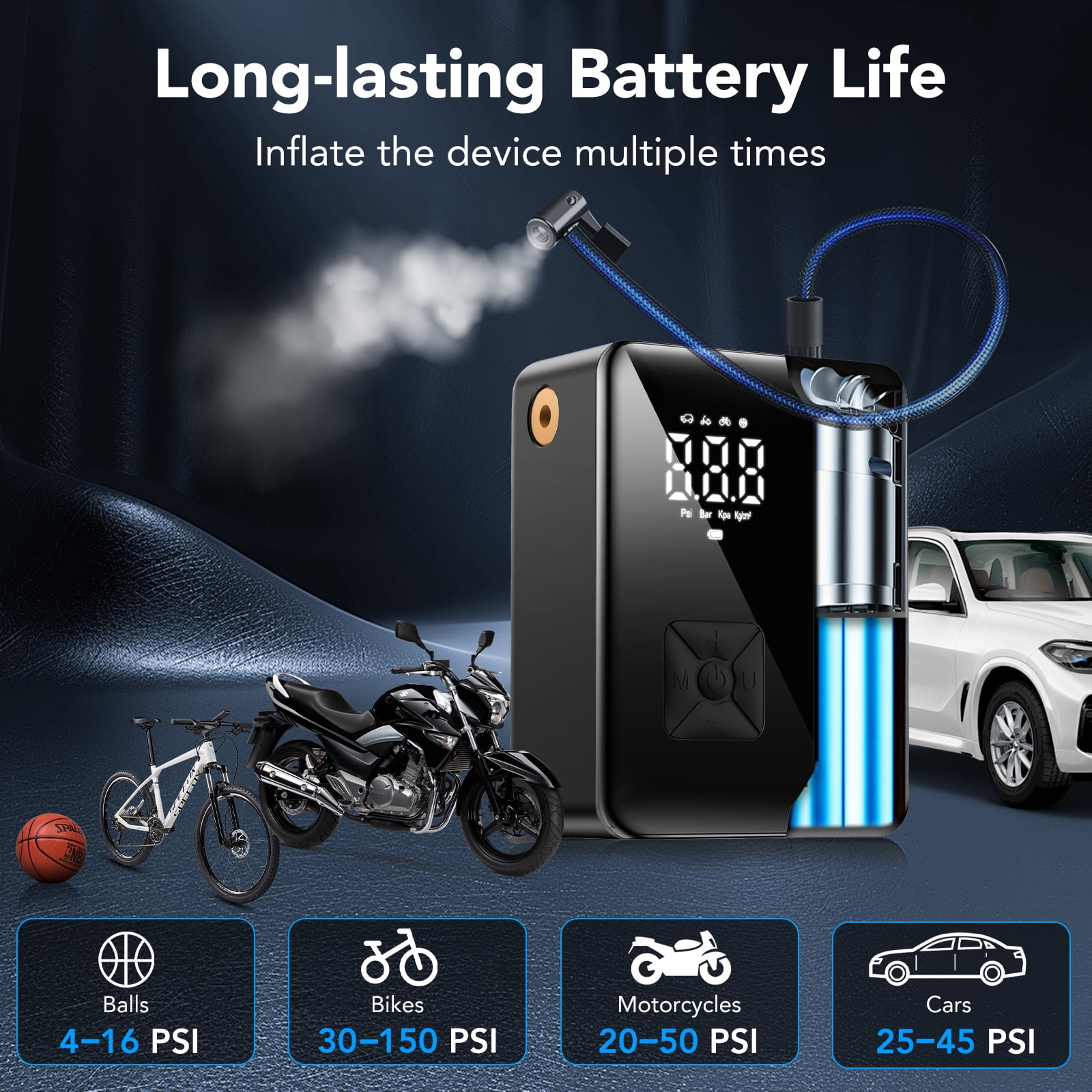 KT1 7200mAh Tire Inflator Portable Air Compressor with Digital Pressure Gauge, LED Light, 160PSI Fast Inflation for Car, Bikes, Sports Balls, Inflatable Toys, Perfect for Families, Outdoor, Indoor