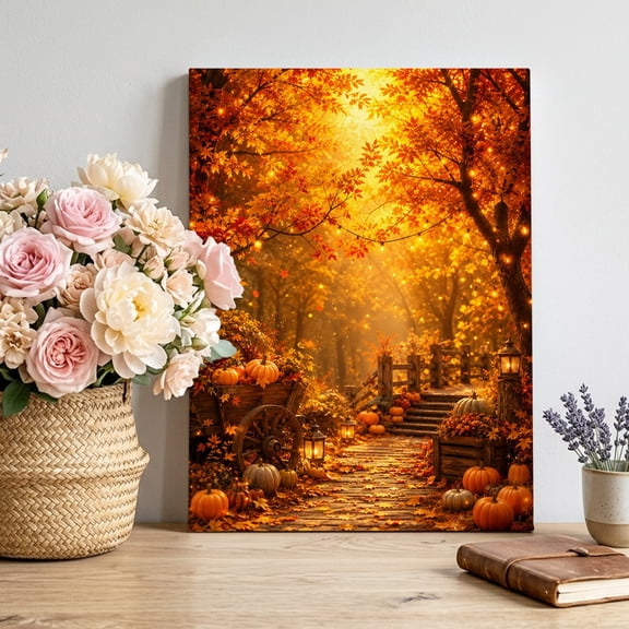Canvas Wall Art Fall Maple Leaf Canvas Art Print Orange Golden Pumpkins Tree Rustic Wooden Cart Pictures Wall Decor for Living Room Bedroom Artwork Decorations Stretched Framed Ready to Hang 12"x18"