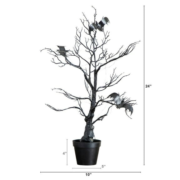 Nearly Natural 2ft. Pre-Lit Artificial Halloween Black Spooky Twig Tree with Bats