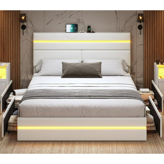 Full Size Bed Frame with Storage Drawers & Charging Station Upholstered Modern White Led Bed with LED Lights