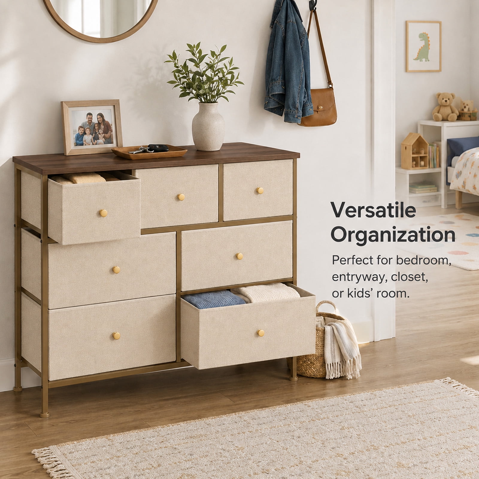 Alvantor 5/7 Drawer Fabric Dresser, Storage Tower for Bedroom and Closet, Chest of Drawers with Sturdy Steel Frame & Wooden Top for Living Room, Entryway