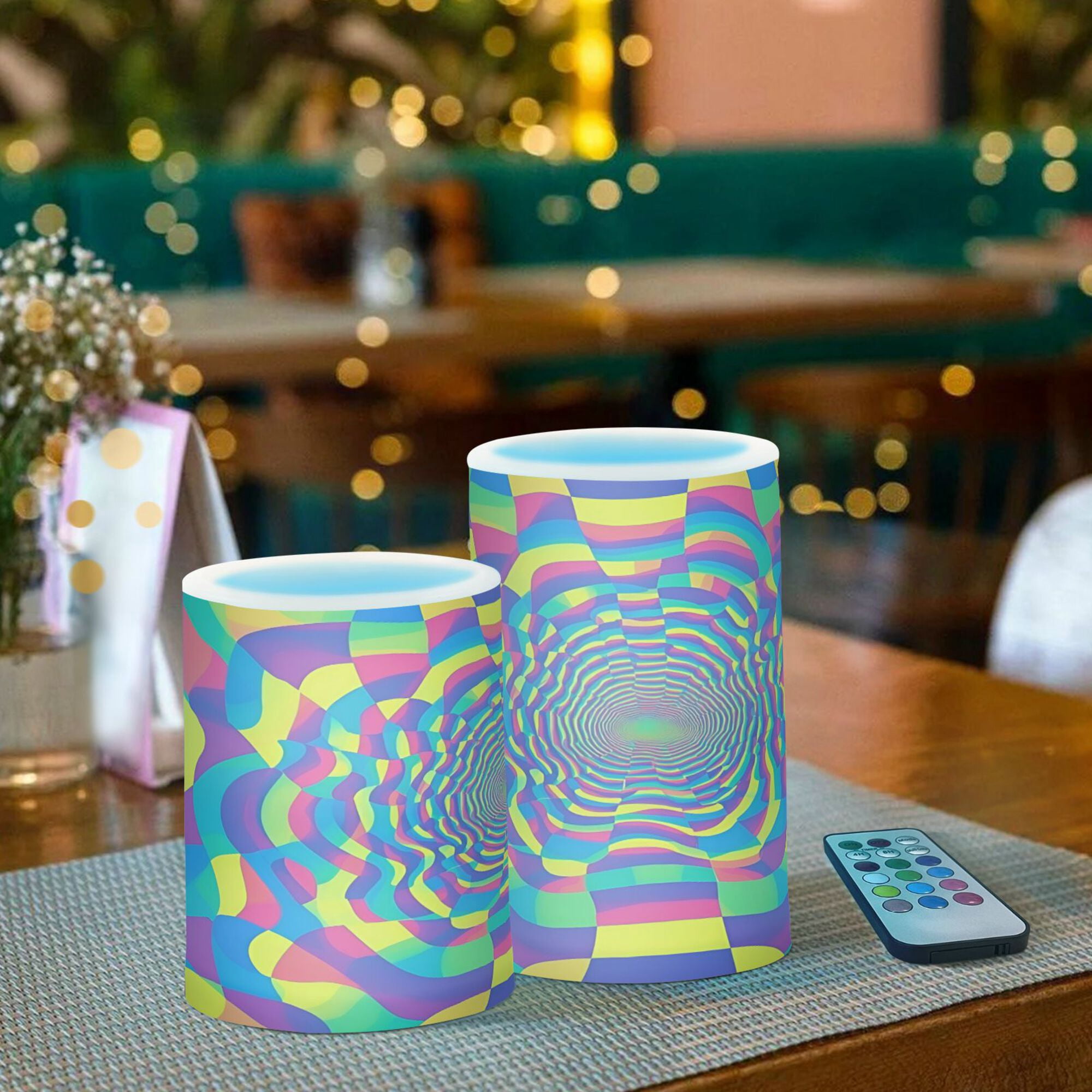 Yayeee Flameless Candles with Remote Flickering Battery Operated Multi Color Changing, Psychedelic Pattern