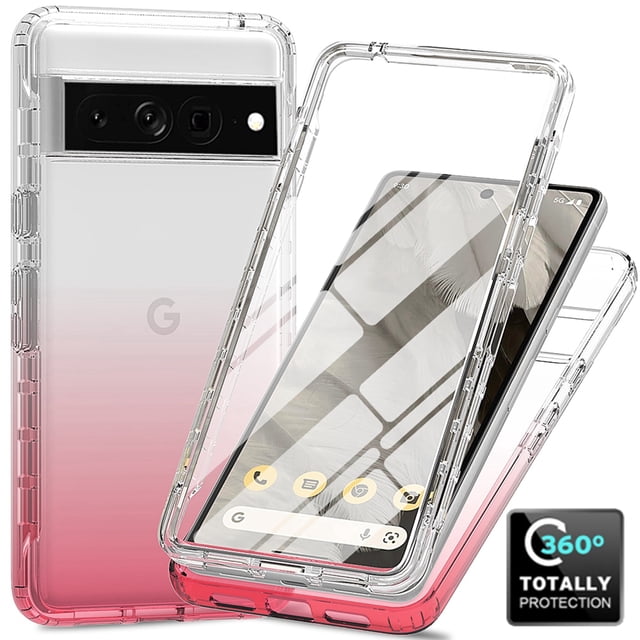 for Google Pixel 7 Pro Gradient Clear Case with Built-in Screen Protector, Crystal Clear Not Yellowing Case Military Grade Full Body Shockproof Phone Cover for Google Pixel 7 Pro, Pink